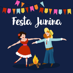 Festa junina. Boy and Girl dancing around fire at Brazilian june party. Party decoration, flags. Vector
