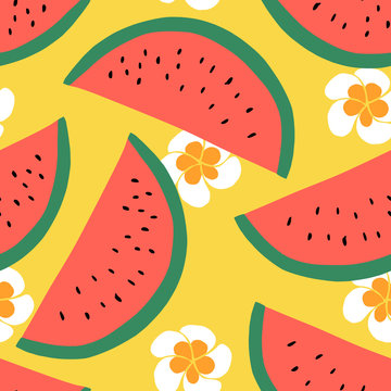 Watermelon seamless pattern, Summer textile design with fruit and flowers. Hand drawn design. Vector illustration background.