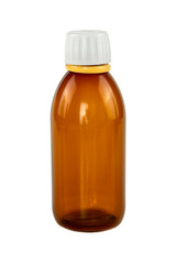 Brown pharmaceutical plastic bottle isolated on a white background. Recyclable waste series.