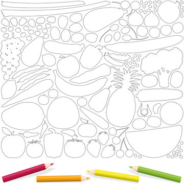 Fruits and vegetables outline coloring page, with four color pencils. Isolated vector illustration on white background.