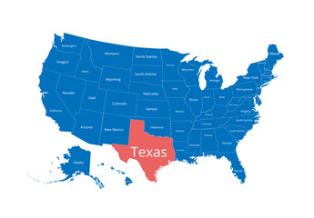 Map of the USA. Image with clipping path and name of states. State mark. Texas. Vector illustration.
