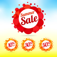 Set of summer sale label. Summer Sale collection vector label with lettering salle, 10%, 30% and 50% off framed by red and orange colorful bubbles