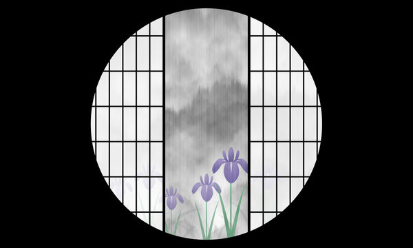 カキツバタ 雨 丸窓 和風 イラスト Stock イラスト Adobe Stock