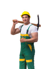 Man in green coveralls with axe isolated on white