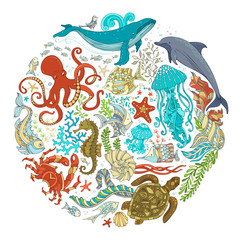 Circle vector set of cartoon sealife animals over white backgrou