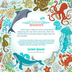Summer cartoon sea life circle frame.