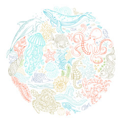 Obraz premium Circle vector set of ocean animals and plants contours.