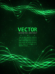 Abstract glowing spiral. Vector particles lights. Abstract dark background. Abstract green lines.