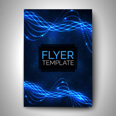 Vector flyer design. Glossy lines swirl on dark background. Template for brochure, poster, banner, card or other design.