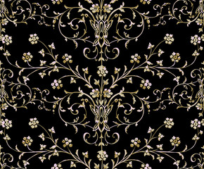 Gold Baroque seamless pattern on a black background.