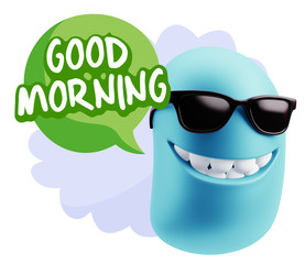 3d Rendering Smile Character Emoticon Expression saying Good Mor