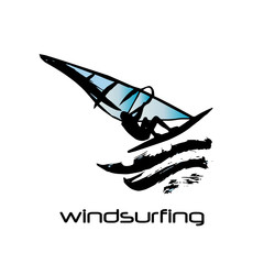 Black and blue silhouette of windsurfing man