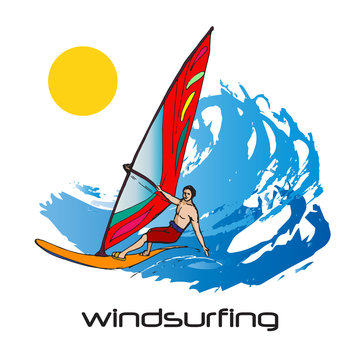 Colorful picture of windsurfing man and big waves