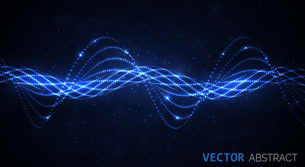 Abstract glowing spiral. Vector particles lights. Abstract dark background. Abstract blue lines.