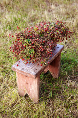 Strawberries on a wooden bench.