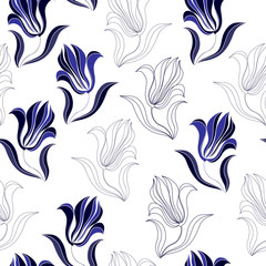 Seamless pattern with blue flowers on a white background. Hand drawn floral texture.