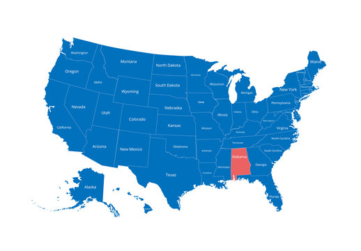 Map of the USA. Image with clipping path and name of states. State mark. Alabama. Vector illustration.