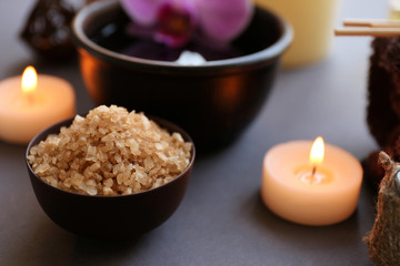 Beautiful composition of spa treatment on grey background