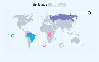 Fototapeta na wymiar Infographic world map, every country and continent selectable independently.