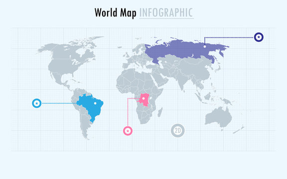 Infographic world map, every country and continent selectable independently.