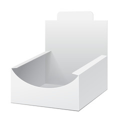 White Display Holder Box POS POI Cardboard Blank Empty, Front View. Products On White Background Isolated. Ready For Your Design. Mockup Product Packing. Vector EPS10