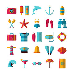 Colorful flat summer icons set. Summer vacation vector