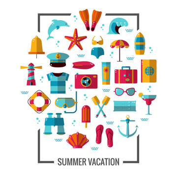 Summer icon illustration poster. Colorful sea vacation concept. Vector flat design pictograms set for flyers, banners or brochure.