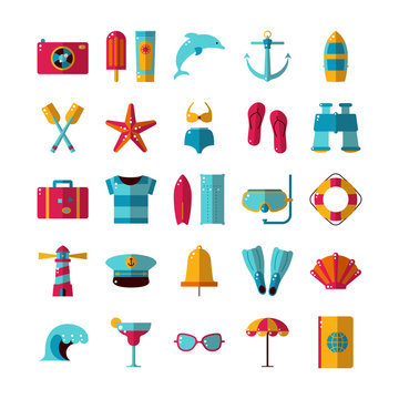 Colorful flat summer icons set. Summer vacation vector