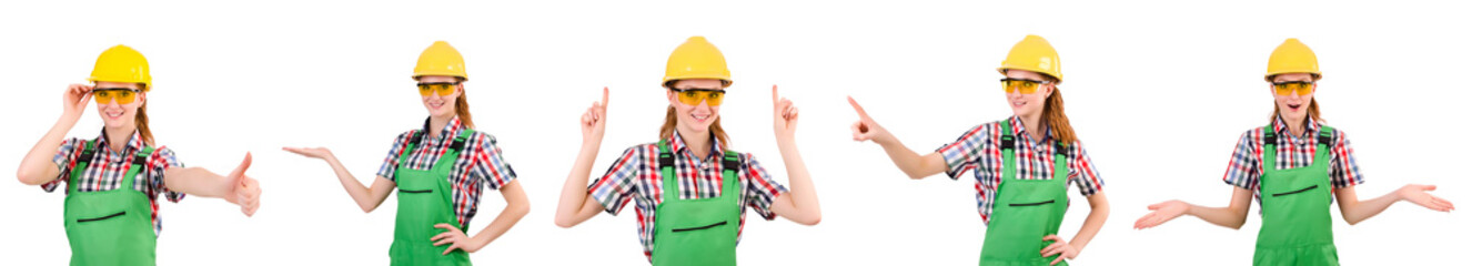 Woman in green coveralls isolated on white