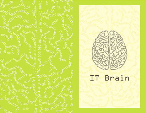 Concept greeting card illustration of a human brain formed out of binary code digits. IT brain concept, binary code background, printable template, ready to use.