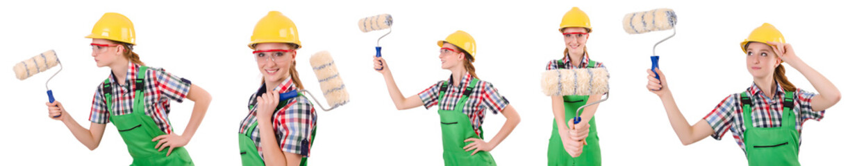 Funny woman painter isolated on white