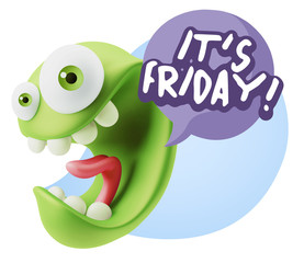 3d Rendering Smile Character Emoticon Expression saying It's Fri