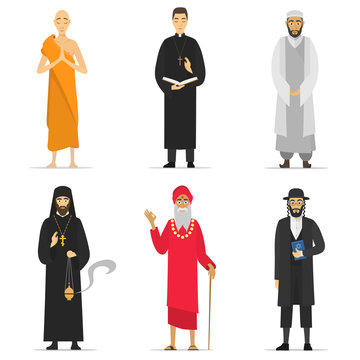 Isolated religion ministers. Monks and priest. greeting. Buddhist, Catholic, Muslim, Orthodox Priest, Sadhu, Orthodox Jew. World religions monk people. isolated cartoon greeting characters vector