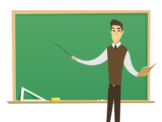 cartoon male teacher with blackboard. mini concept. school man teacher modern flat vector design. learning illustration. 