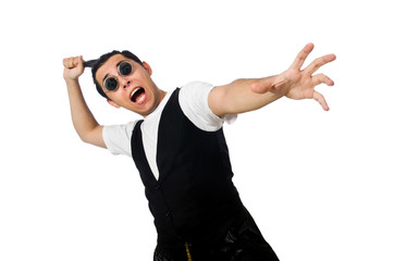 Funny young man dancing isolated on white