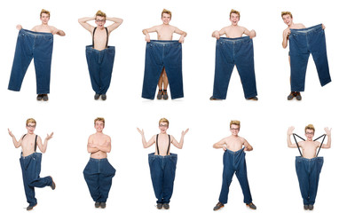 Obraz premium Funny man with trousers isolated on white