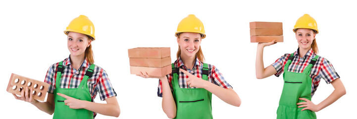 Woman with bricks isolated on white