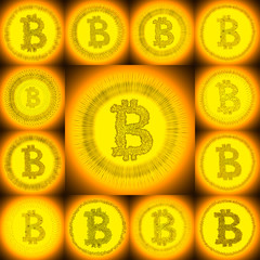 Golden hand-drawn Bitcoin symbol collage