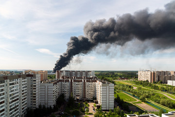 Black smoke from a major fire in Moscow, Russia