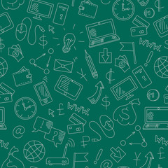 Seamless background on the topic of information technology and earn money online, simple hand-drawn contour icons, light outline on a green background