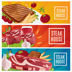 Set of banners for theme steak house with steak,fries,wine. Vect