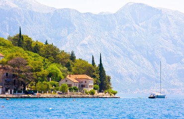 Naklejka premium Landscape with mediterranean town - Perast, Kotor bay (Boka Kotorska), Montenegro