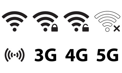 Wireless and wifi icon set for remote internet access. Podcast vector symbol. 3G, 4G and 5G technology symbols.