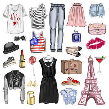 Vector set with fashion and perfume elements Digital watercolor