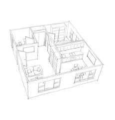 2d interior pen freehand sketch drawing on white background of furnished home apartment