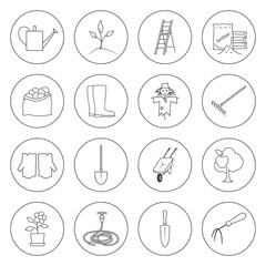 Set of Garden Tools, Round Thin Line Icons Gardening Equipment , Agricultural Tool , Black and White Vector Illustration