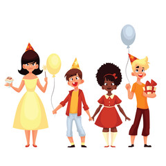 group of children on a holiday, vector cartoon comic illustration isolated on a white background, a few children on holiday with shaduvnymi balls and a gift, a birthday party or a baby with balls