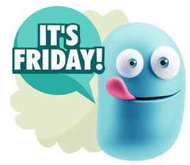 3d Rendering Smile Character Emoticon Expression saying It's Fri