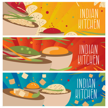 Set of banners for theme indian cuisine with different tastes fl