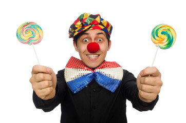 Fototapeta premium Funny clown with lollipop isolated on white
